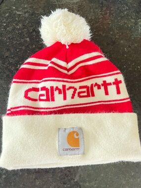 Carhartt Red & Cream Striped Pom Beanie